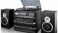 Trexonic 3-Speed Vinyl Turntable Home Stereo System with CD Player, Dual Cassette Player, Bluetooth, FM Radio & USB/SD Recording and Wired Shelf Speakers - Macy's
