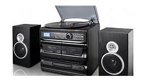 Trexonic 3-Speed Vinyl Turntable Home Stereo System with CD Player, Dual Cassette Player, Bluetooth, FM Radio & USB/SD Recording and Wired Shelf Speakers - Macy's