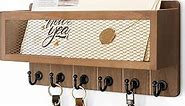 Rebee Vision Farmhouse Key Holder for Wall with Mail Storage Basket : Decorative Wall Mount Organizer with 6 Sturdy Wall Hooks and Wooden Key Rack - Rustic Home Decor (Retro Brown)