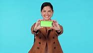 Green screen phone, presentation and happy woman show at mobile app mock up