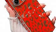KERZZIL Elegant Compatible with iPhone 14 Pro Square Edge Case, Cute Luxury Leopard Pattern Plating Case Camera Protector Soft TPU Shockproof Protective Corner Back Cover(Red)