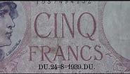 5 Cinq Francs - Old money bamnknote of the Banque de France from 1939