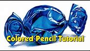 Easy colored pencil techniques tutorial for beginners, drawing a shiny candy wrapper.