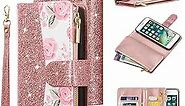 UEEBAI Wallet Case for iPhone 7 Plus/iPhone 8 Plus, Glitter PU Leather Magnetic Closure Handbag Zipper Pocket Case Kickstand Card Holder Slots Wrist Strap TPU Shockproof Flip Cover - Bling Rose Gold