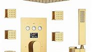 WHSHOWER Digital Display Shower Faucet Set Brushed Gold Shower System with Body Jet, Push Button Diverter Shower Fixtures with Handheld,Wall Mounted 12 inch shower head (Rough-in Valve Body and Trim)