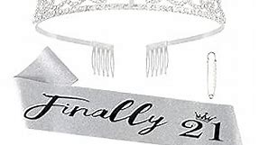21st Birthday Decorations for Her "Finally 21" Birthday Sash and Rhinestone Crown Tiara Set for Girls 21st Birthday Gifts for Happy 21st Birthday Party Favor Supplies (silver)