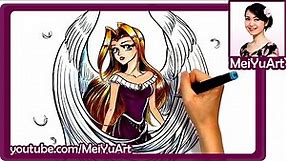 Anime Girl Art - Drawing a Beautiful Anime Angel with Wings Marker Illustration by Mei Yu - MeiYuArt