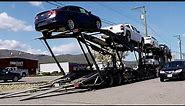 AUTO TRANSPORT CARRIER: Sped-up Unload. [Unload Takes 6 Min.] -- Jeep, GM, Toyota (Car Hauler)