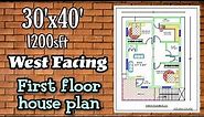 30'x40', 1200sq feet - West Facing, First floor house plan.