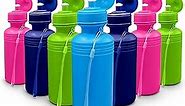 4E's Novelty Bulk Water Sports Bottles for Kids (12 Pack) 18 oz Squeeze Reusable Plastic Neon Colors BPA Free Bike Water Bottles