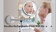 Rocollos Rechargeable Wall Mounted Lighted Makeup Mirror, 8 Inch Double-Sided LED Vanity Mirror 1X/10X Magnification,3 Color Lights Touch Screen Dimmable 360°Swivel (Black, 10X)