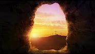 Risen From Easter Sunday Morning Grave With Three Crosses In Distant Sunrise Sky Worship Background