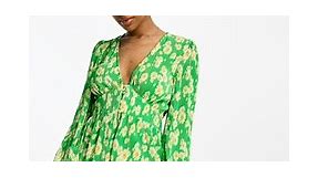 ASOS DESIGN plisse long sleeve romper in green daisy print | ASOS