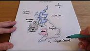 Location of countries in the United Kingdom, oceans and seas and capital cities. Geography teaching