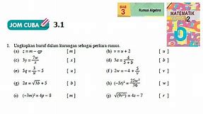 KSSM Matematik Tingkatan 2 Bab 3 rumus algebra jom cuba 3.1 no1 buku teks form2
