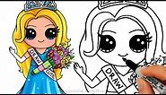 How to Draw a Pretty Girl with Crown and Beautiful Dress Cute step by step Prom Queen Pageant