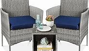 Best Choice Products 3-Piece Outdoor Wicker Conversation Bistro Set, Space Saving Patio Furniture for Garden w/Side Table - Gray/Navy