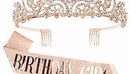 COCIDE Birthday Girl Sash & Rhinestone Tiara Set Birthday Sash and Tiara for Women Birthday Decoration Kit Rhinestone Headband for Girl Glitter Crystal Hair Accessories for Birth Party