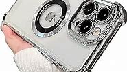 Eiyikof for iPhone 13 Pro Max Magnetic Transparent Case,Luxury Bling Four Corners Shockproof Military-Grade Protection with Camera Lens Protector MagSafe Clear Plating Cover for Women Men-Silver