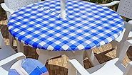 misaya Round Tablecloth, Fitted Table Cover with Umbrella Hole, 100% Waterproof, Elastic Edge, Flannel Backing, Plastic Table Cloth Fit 36"-44" Round Tables for Patio, Picnic, Outdoor, Blue & White