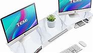 TEMI Dual Monitor Stand Riser with Adjustable Length and Angle, White Slate Texture Computer Monitor Stand, 3 Shelf Desktop Storage Organizer Riser for Laptop/Computer/TV/PC/Printer