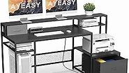 Home Office Desk with Monitor Stand Shelf, 66 inch Large Computer Desk with Power Outlet and USB Charging Port, Computer Table with Storage Shelves and Drawer, Study Work Desk, Black