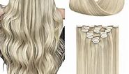 GOO GOO Clip in Hair Extensions, Ash Blonde Highlighted Platinum Blonde Human Hair Extensions 120g 7pcs 16 Inch Straight Real Natural Hair Extensions Clip in for Women