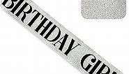 CORRURE 'Birthday Girl' Sash Glitter with Black Foil - Silver Glitter Birthday Sash for Women - Happy Birthday Sash for Sweet 16, 18th 21st 25th 30th 40th 50th or Any Other Bday Party