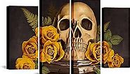 DuoBaorom 4 Pieces Human Skull Canvas Wall Art Abstract Skeleton Yellow Roses Flower Halloween Day of Dead Picture for Home Bedroom Decoration Ready to Hang
