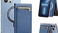 Leather Removable Magnetic Card Holder for Back of Phone Compatible with MagSafe Wallets with RFID Blocking & Metal Ring,for Apple iPhone 14/13/12 pro max,Samsung and Android Phone Case,Blue…