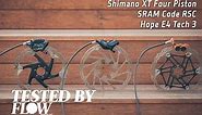 TESTED: Four-Piston Brakes - SRAM Code RSC, Shimano XT M8020 and Hope E4 - Flow Mountain Bike