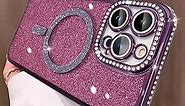 MOWIME Glitter Magnetic Case for iPhone 14 Pro Max [Compatible with MagSafe] Camera Screen Protector Shockproof Cute Girly Purple Bling Sparkle Slim Thin Phone Case for Women,6.7 Inch,Shiny Purple