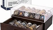 Large Wooden Challenge Coin Display Case with Clear Cover - Military Coin Display Case Holds 36 Coins on Top & 36 in The Storage Drawer - Versatile Coin Stand Holder & Poker Chip Display Case - Brown