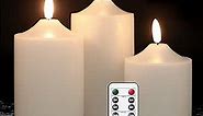 GenSwin Flickering Flameless Candles, Waterproof LED Candles with Remote and Timer,Battery Operated Pillar 3D Wick Candles for Indoor Outdoor Lanterns, Won’t melt, Long-Lasting(White, Set of 3)