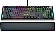 Newest 2023 Real Mechanical Gaming Keyboard with 107 Clicky Optical switches- Programmable RGB LED Backlit, Laser Engraved Keys - Ergonomic Magnetic Leather Wrist Rest, Dedicated Media Keys for PC