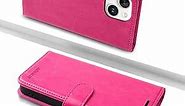 MONASAY Wallet Case Compatible for iPhone 15 5G,[Glass Screen Protector Included] [RFID Blocking] Flip Folio Leather Cell Phone Cover with Credit Card Holder, 6.1-inch, Hot-Pink