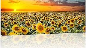 Sunflower Canvas Wall Art Brilliant Sunflower with Sunset Landscape Picture Painting Printed on Canvas Framed and Stretched Floral Wall Decor for Home Living Room Bedroom Office Kitchen Wall Decoration 20"x48" Ready to Hang