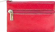 Women's Leather Portable Coin Purse, Pocket Wallet, Zipper Card Holder Wallet with Key Ring (Rose Red)