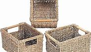 Small Wicker Baskets for Organizing Bathroom, Seagrass Baskets for Storage, Wicker Storage Basket with Wooden Handle, Decorative Wicker Small Basket 10.3 x 7.7 x 6.3 inches - 3 Pack