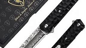 AUBEY Damascus Pocket Knife, Tanto VG10 Core Damascus Steel Folding Knives with Ball Bearing, Aluminum Alloy Non-Slip Handle and Glass Breaker, EDC Damascus Knife for Men Women (Black)