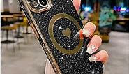 MGQILING Compatible with iPhone 14 Magnetic Glitter Bling Case 6.1 Inch, Luxury Love Heart Pattern Plating Case, Compatible with MagSafe for Women Girls Shockproof Back Cover-Black