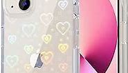 Tksafy Compatible iPhone 13 Case, Clear Cute Glitter Laser Holographic Love Heart Pattern Design for Women Girls, Anti-Yellow Hard PC Shockproof Protective Phone Cover for iPhone 13, Rainbow Heart