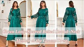 Green Long-Sleeved Belted Round-Neck Mother of the Groom Dress | ZAPAKA 2022