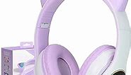 Wireless Headphones Cat Ear LED Light Up Bluetooth Foldable Headphones Over Ear w/Microphone for Online Distant Learning (Purple)