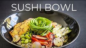 Vegetarian Sushi Buddha Bowl Recipe with Sesame Dressing, Tofu + Avocado Rose!