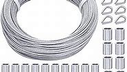 KNLN/82FT 1/16" Stainless Steel Cable 7x7 Steel Wire Rope Construction With 40PCS Wire Rope Crimping Loop Sleeves And 10PCS Wire Rope Thimbles for Cable Railing, Decking, Picture Hanging etc N-028