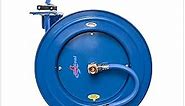 BLUSEAL BSWR5850 Retractable Hose Reel with 5/8" x 50' Hot Water Rubber Hose, 6' Lead-in, 500 PSI, Brass Fittings, Swivel Mount Hose Reel, 9 Pattern Spray Nozzle