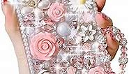 for iPhone 15 Pro Max Glitter Bling Case, Cute Luxury 3D Crystal Rhinestone Diamond Sparkle Shiny Gems Flower Pearl with Lanyard Wrist Strap Women Girls Case for iPhone 15 Pro Max 6.7" (Pink)