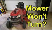 Riding mower steering problems - won't turn left (or right). How to fix