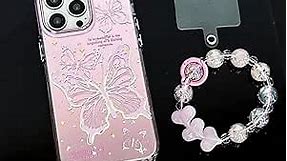 Aeilene Pink Butterfly Phone Case for iPhone 14, Cute Korea Painted Hollow Butterfly Cases, Pink Plating 3D Butterfly Phone Cover with Pink Crystal Bracelet for Women Girls